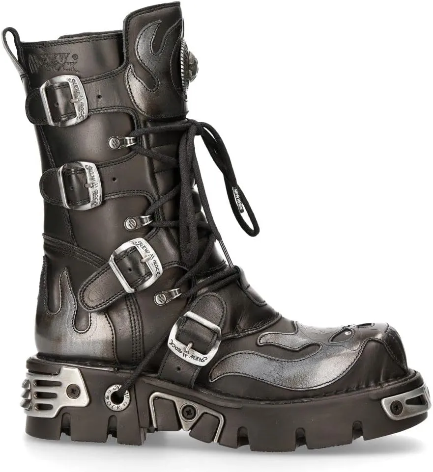 New Rock Men's Silver Metallic Skull Devil Goth Punk Leather Calf Boots