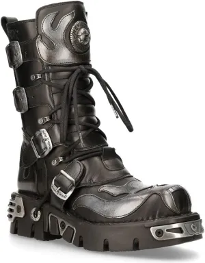 New Rock Men's Silver Metallic Skull Devil Goth Punk Leather Calf Boots