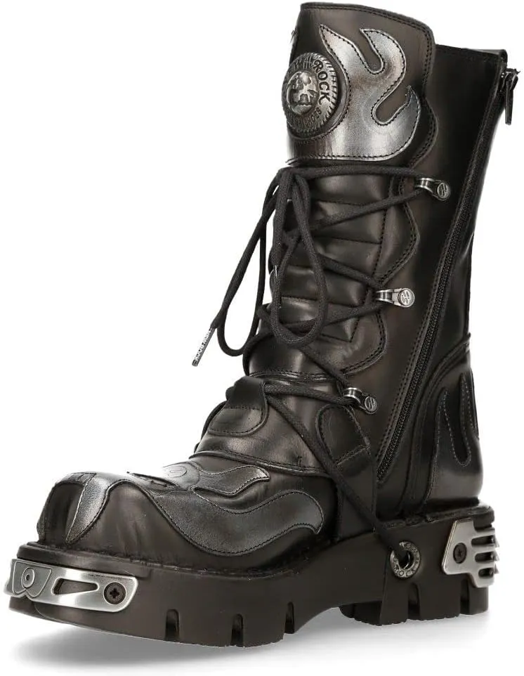 New Rock Men's Silver Metallic Skull Devil Goth Punk Leather Calf Boots