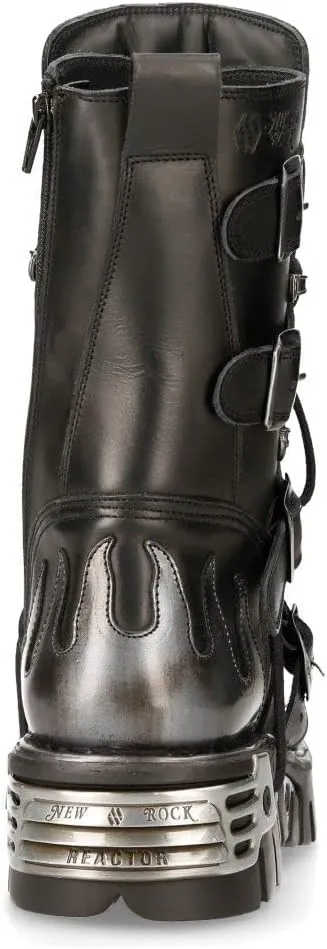 New Rock Men's Silver Metallic Skull Devil Goth Punk Leather Calf Boots