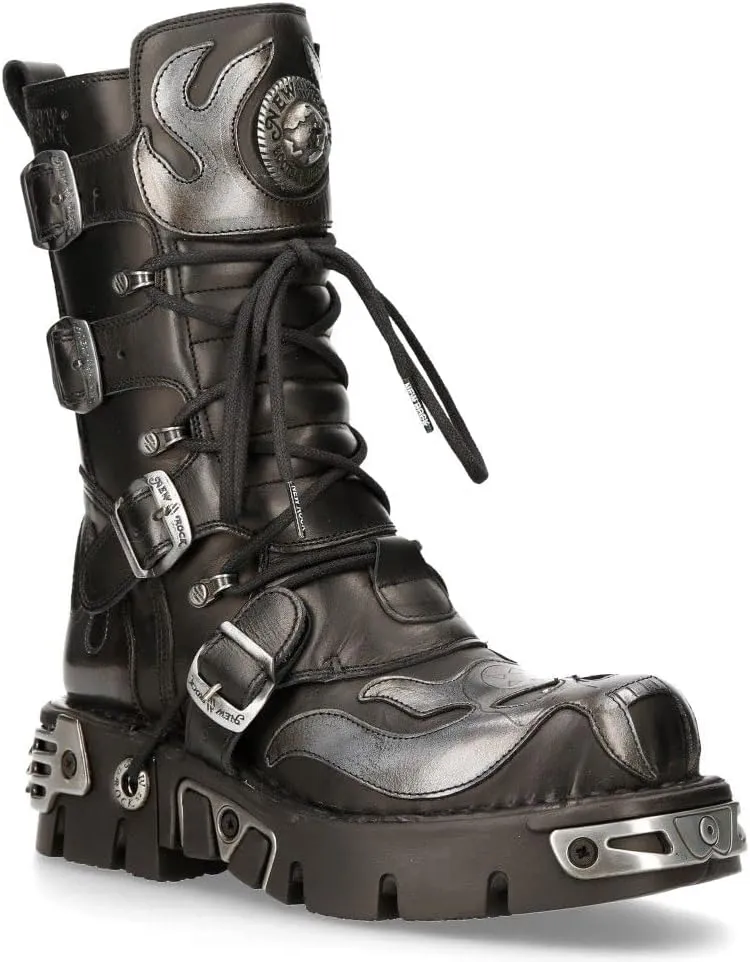 New Rock Men's Silver Metallic Skull Devil Goth Punk Leather Calf Boots
