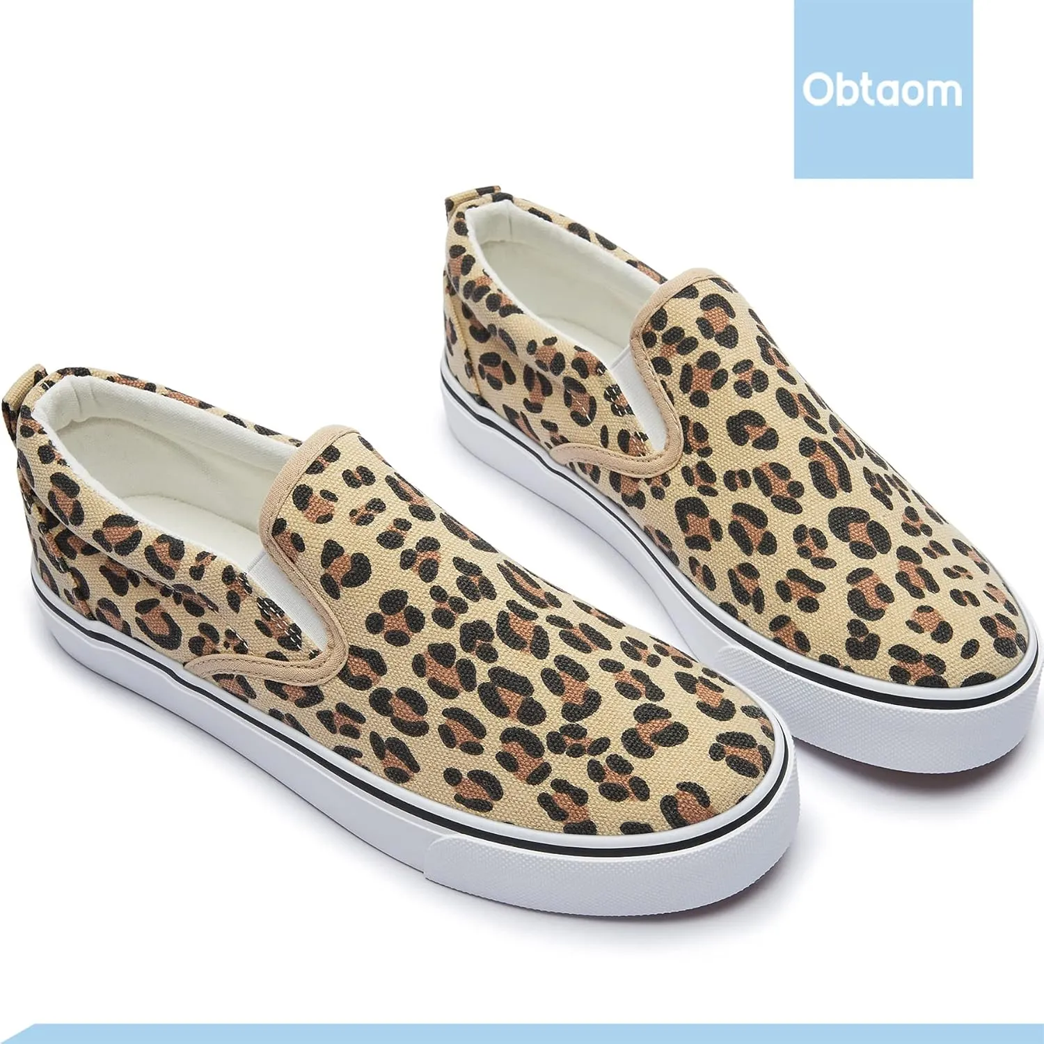 Obtaom Women's White Sneakers Black Slip on Shoes for Women Low Top Canvas Loafers