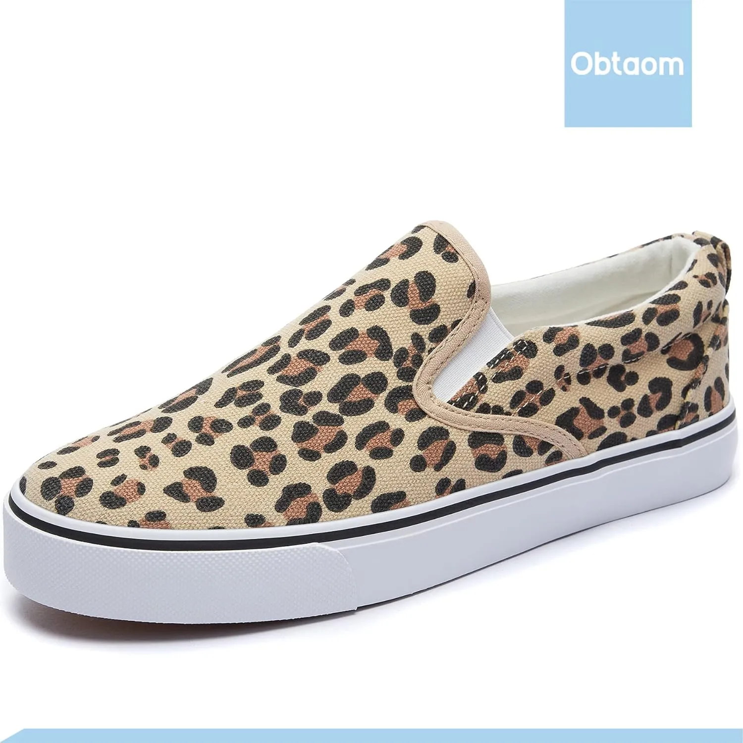 Obtaom Women's White Sneakers Black Slip on Shoes for Women Low Top Canvas Loafers