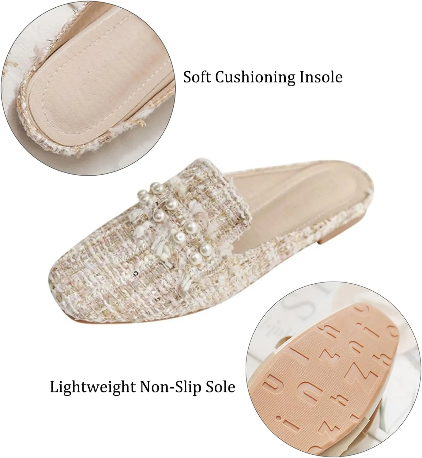 Optigard Women's Pearl Decor Flat Mules Shoes,Comfortable Round Toe Slip On Backless Dress Mule Slide Sandals Ladies Loafers