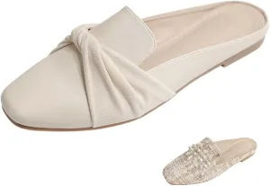 Optigard Women's Pearl Decor Flat Mules Shoes,Comfortable Round Toe Slip On Backless Dress Mule Slide Sandals Ladies Loafers