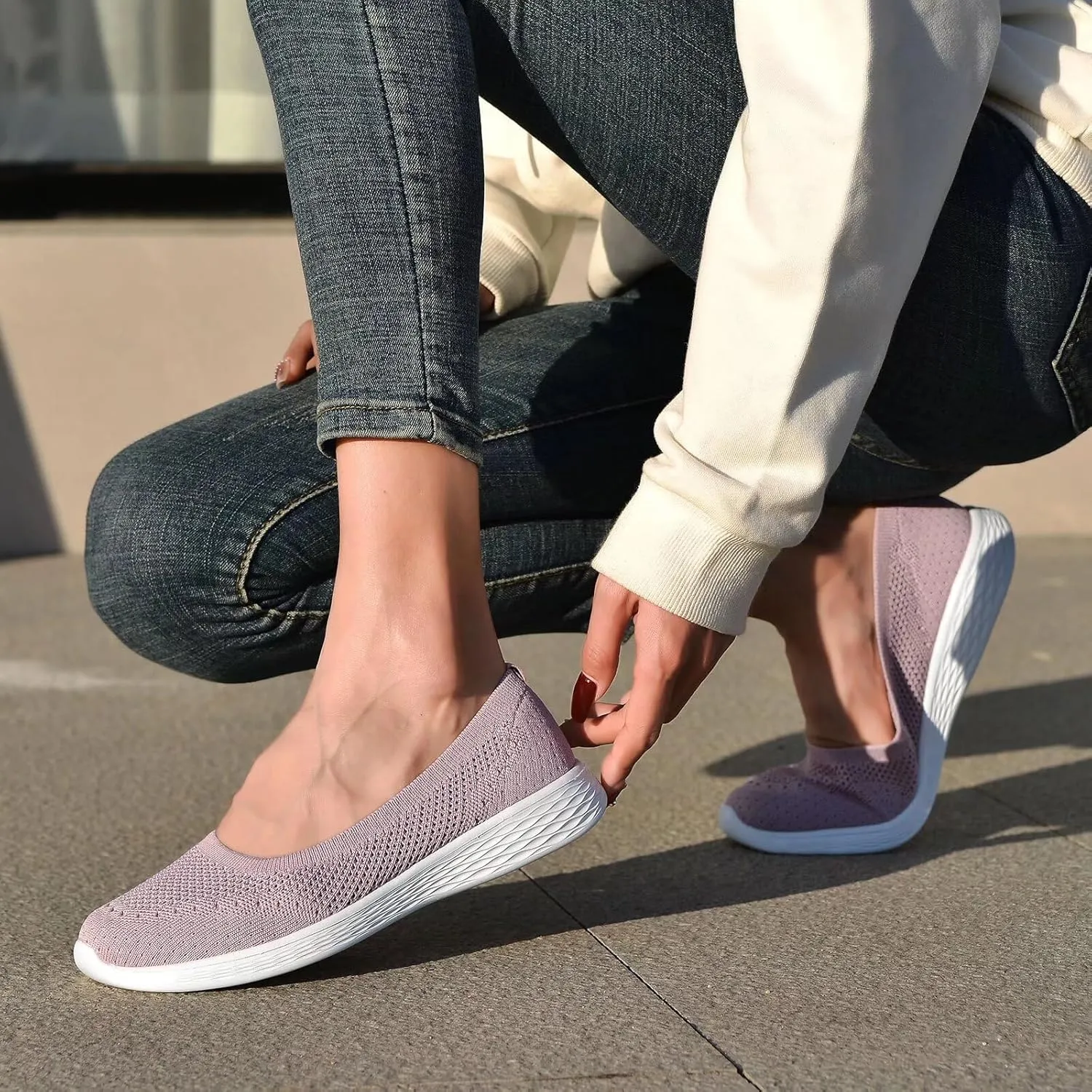 poemlady Women's Slip on Loafer Shoes - Mesh Casual Ballet Flat Nurse Walking Sneakers Round Toe Knit Casual Memory Foam Shoes