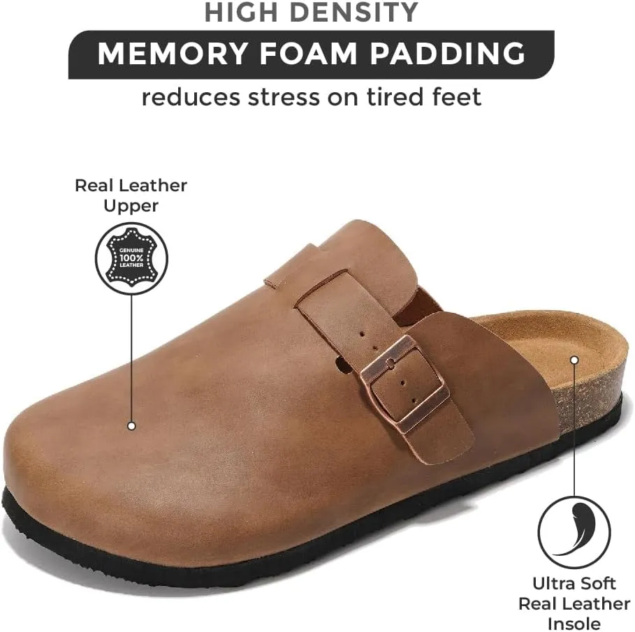 Project Cloud Mens Clogs - Full Grain Genuine Leather Memory Foam Clogs for Men Arch Support Cork Footbed - Non Slip Platform Mules (Brooklyn)