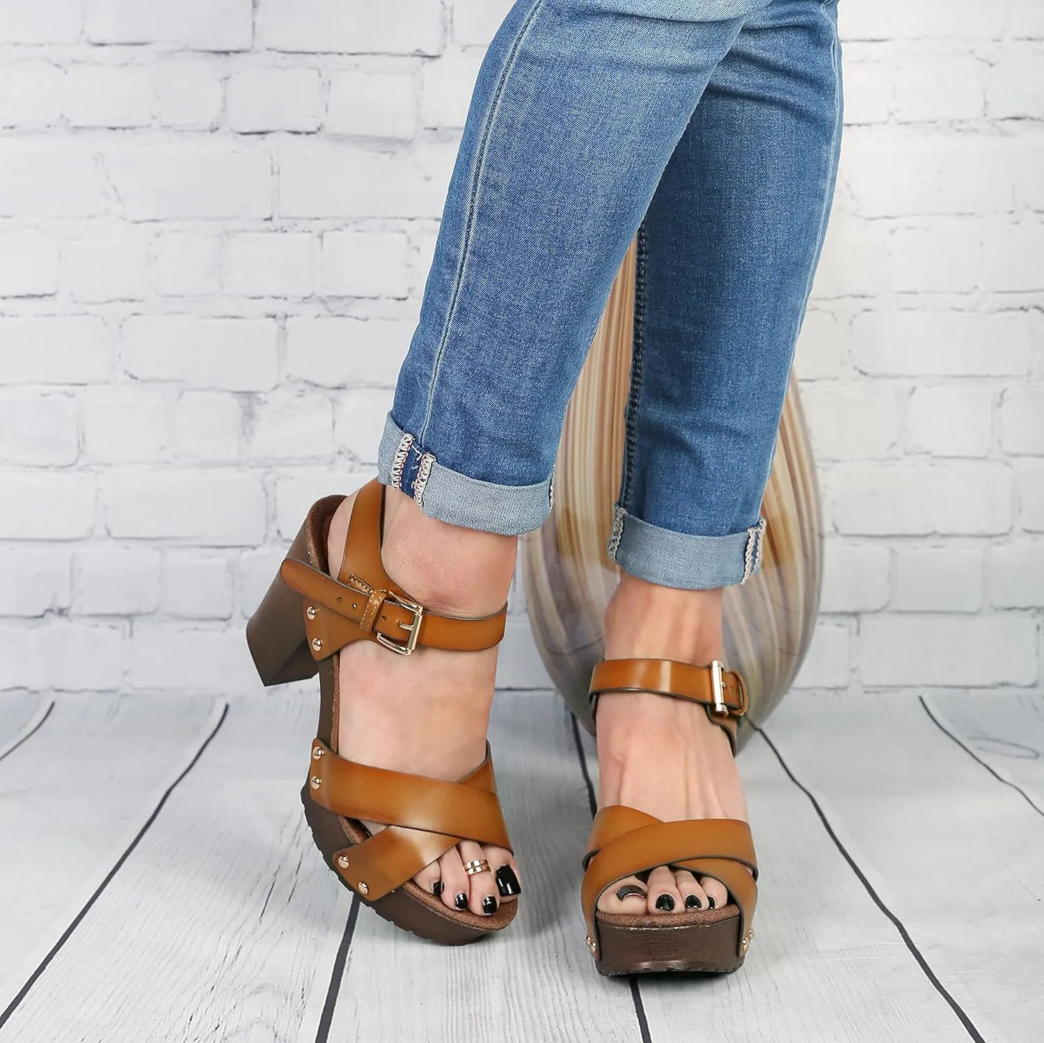 RF ROOM OF FASHION Women's Peep Toe Criss Cross Band Ankle Strap Platform Chunky Heel Mule Sandals