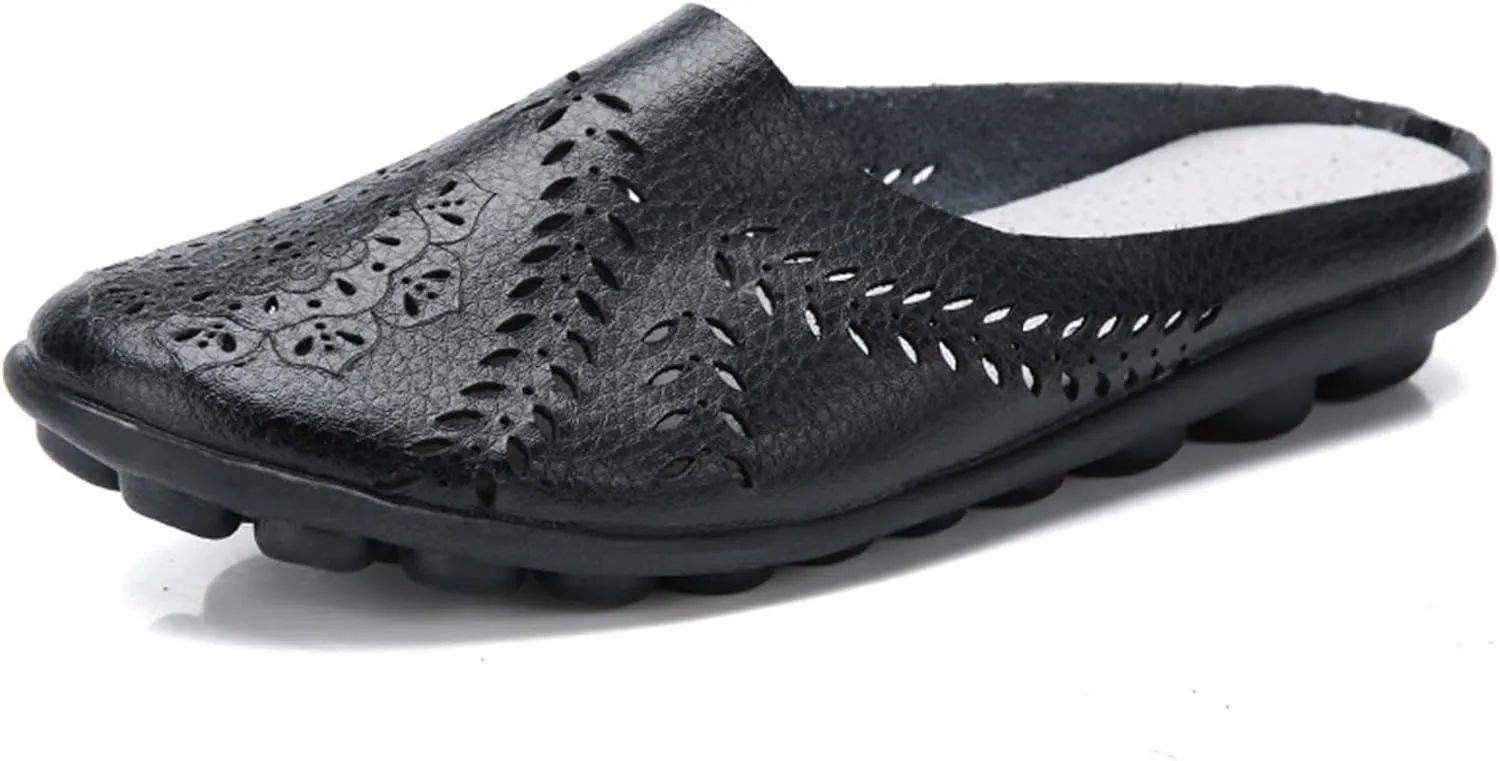 RiceelSor Women All-Match Hollow Breathable Flats Summer Slippers,Slip-on Round Toe Non-slip Softsole Lightweight Comfortable Orthotic Dressy Leather Loafer