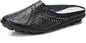 RiceelSor Women All-Match Hollow Breathable Flats Summer Slippers,Slip-on Round Toe Non-slip Softsole Lightweight Comfortable Orthotic Dressy Leather Loafer