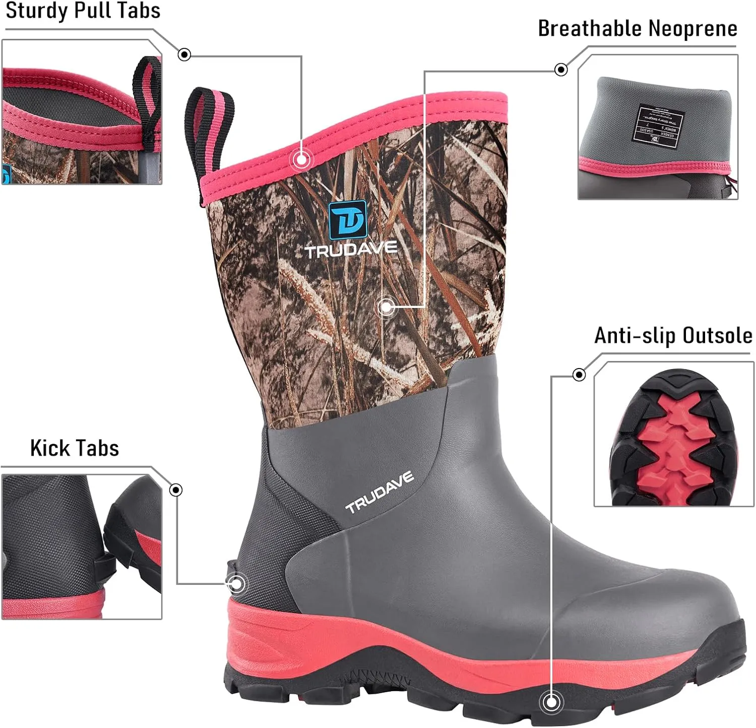 Rubber Rain Boots for Women, 4.5mm Neoprene Insulated Mud Work Boots, Anti-slip Breathable Mid-calf Womens Boots for Garden, Water Fishing, Size 6-11