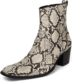 Rui Landed Ankle Boots for Men Outdoor Premium Genuine Leather Shoes Pull On Square Toe Imitation Crocodile/Snake Skin Inner Zipper High Heel
