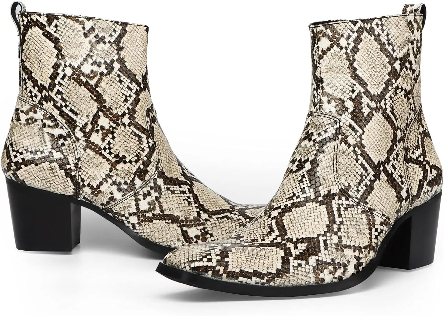 Rui Landed Ankle Boots for Men Outdoor Premium Genuine Leather Shoes Pull On Square Toe Imitation Crocodile/Snake Skin Inner Zipper High Heel