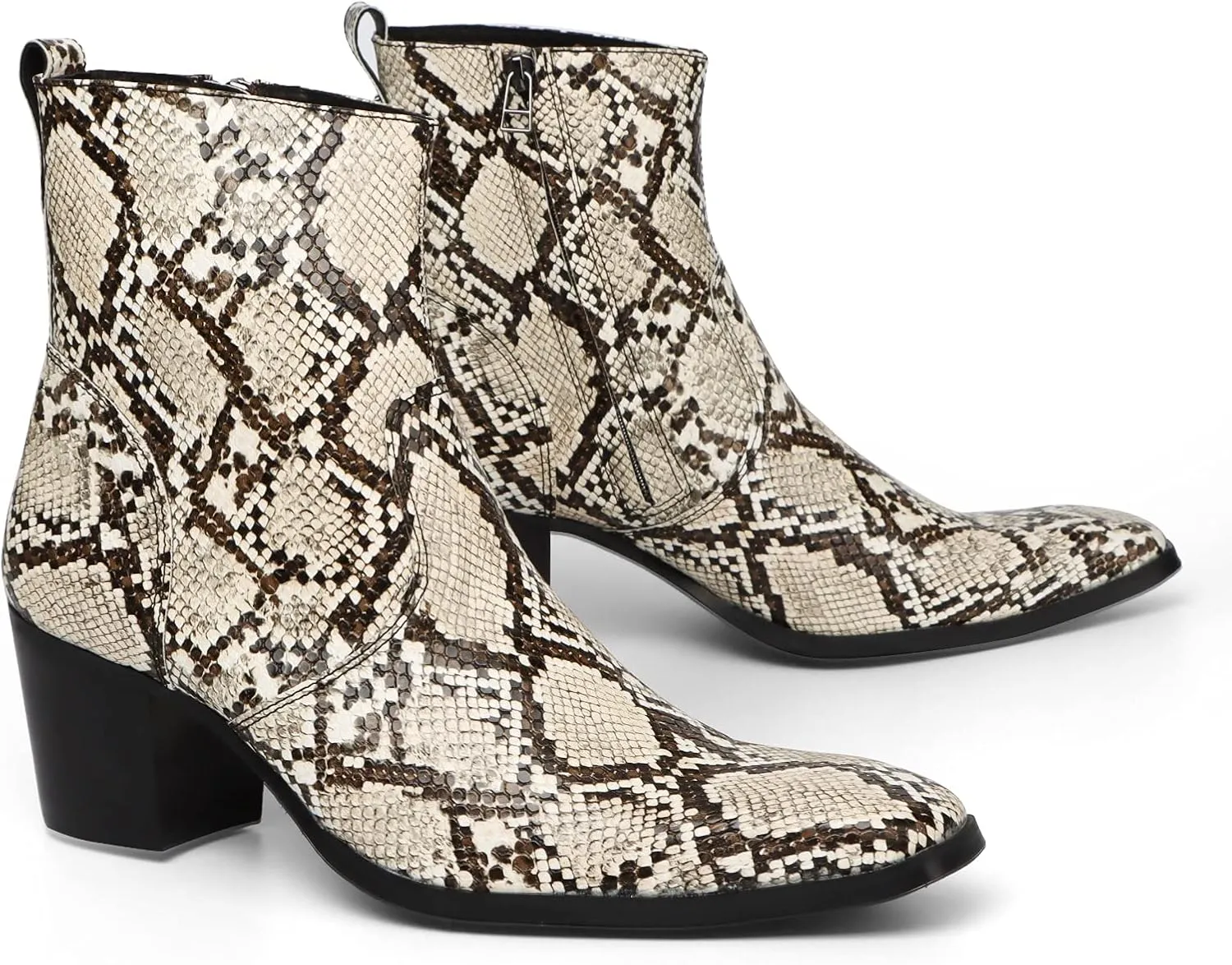 Rui Landed Ankle Boots for Men Outdoor Premium Genuine Leather Shoes Pull On Square Toe Imitation Crocodile/Snake Skin Inner Zipper High Heel