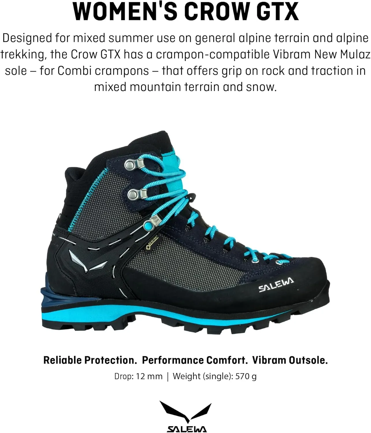 Salewa Women's Crow GTX Waterproof Gore-Tex Trail Boots for Trekking, Climbing, & Mountaineering