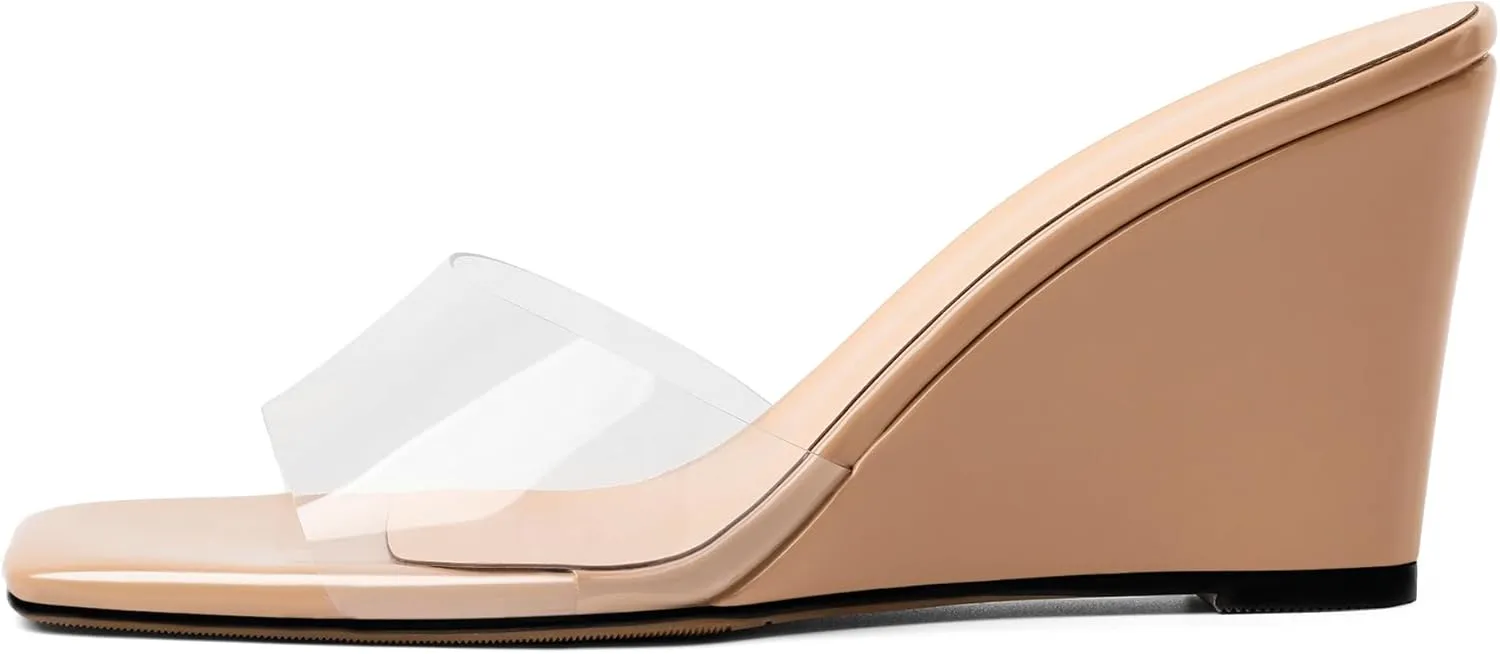 SAMMITOP Womens Clear Heels Sandals Square Open Toe Wedge Heel Sandals Slip On Heeled Mules Summer Dress Slipper Shoes 3.5 Inch