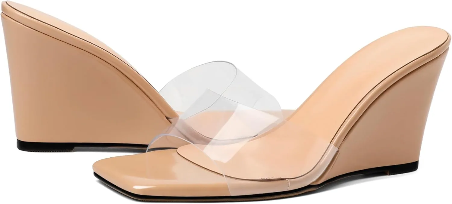 SAMMITOP Womens Clear Heels Sandals Square Open Toe Wedge Heel Sandals Slip On Heeled Mules Summer Dress Slipper Shoes 3.5 Inch