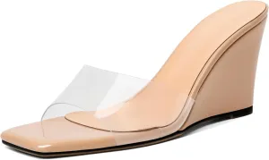 SAMMITOP Womens Clear Heels Sandals Square Open Toe Wedge Heel Sandals Slip On Heeled Mules Summer Dress Slipper Shoes 3.5 Inch
