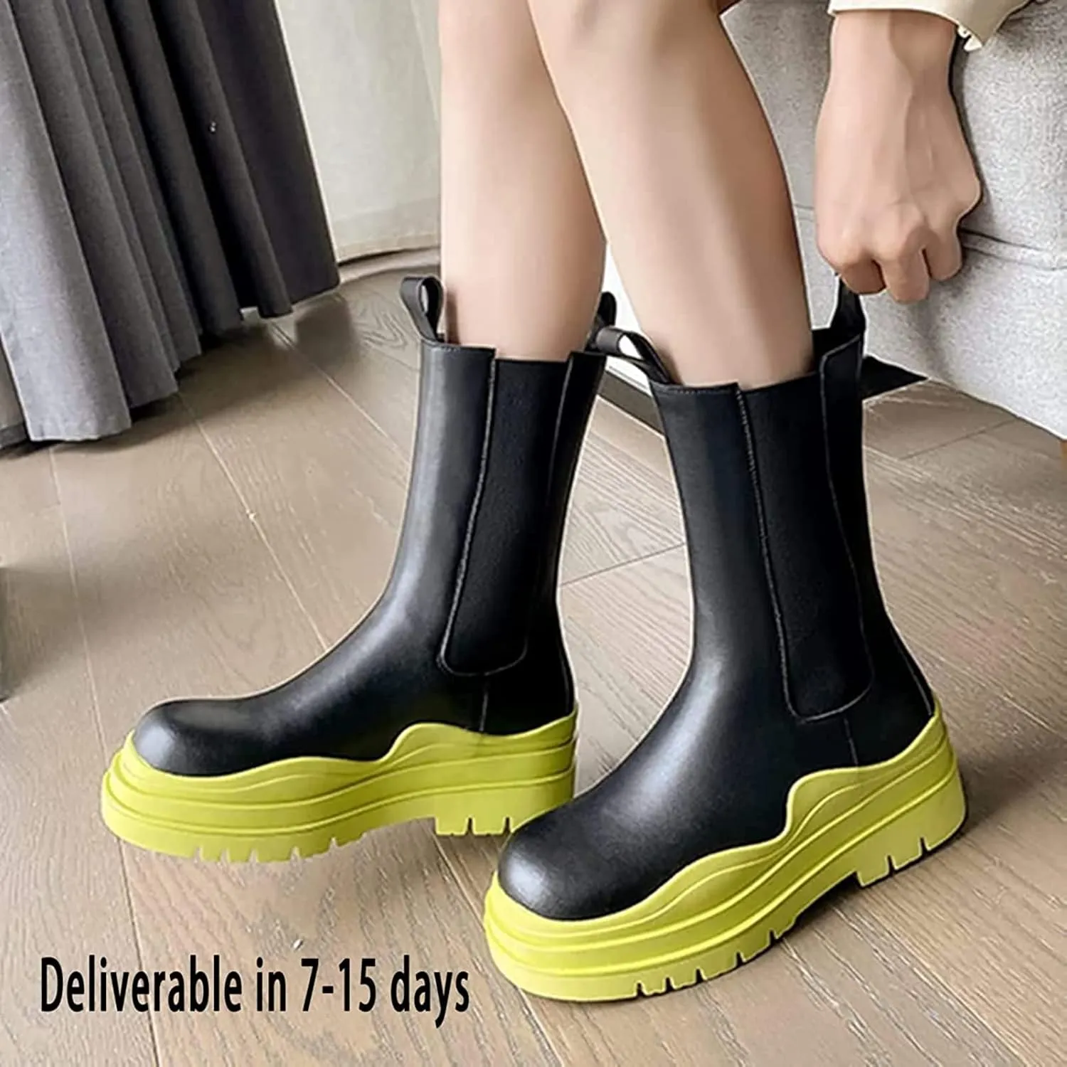 SANIOOOI Women Platform Chelsea Bootie,Fashion Mid Calf Boots Chunky Double Heel Round Toe Slip on Thick Sole