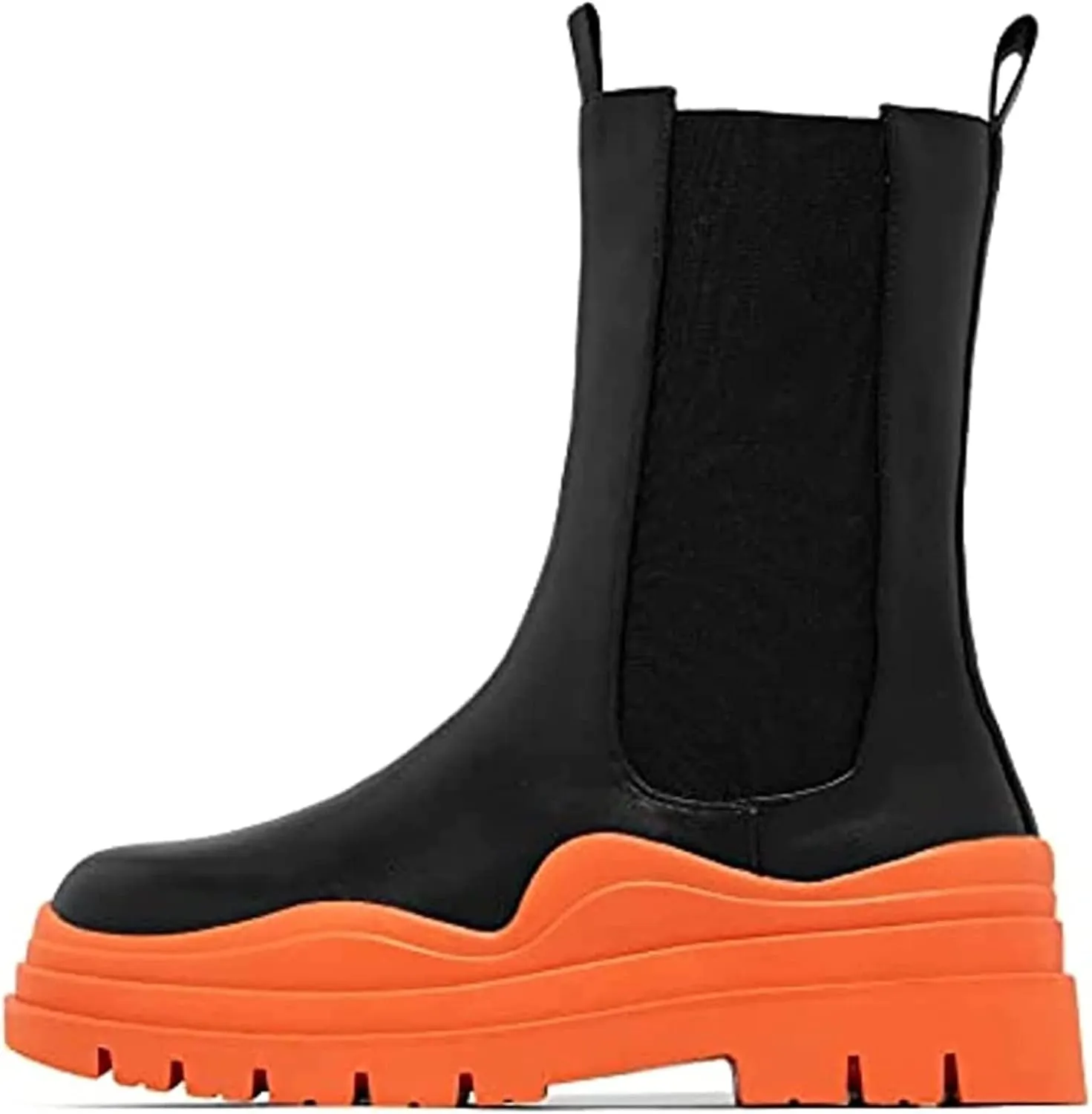 SANIOOOI Women Platform Chelsea Bootie,Fashion Mid Calf Boots Chunky Double Heel Round Toe Slip on Thick Sole