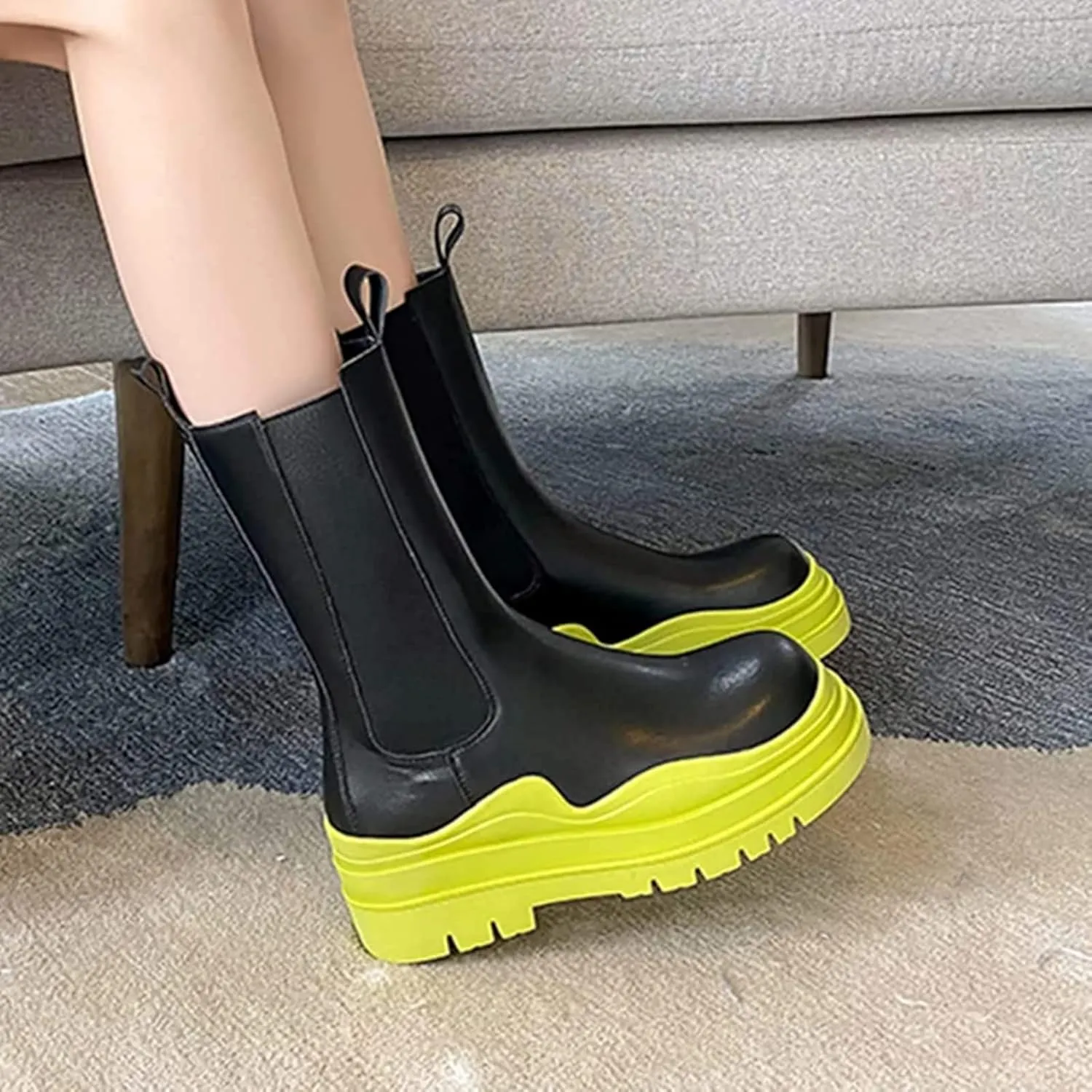 SANIOOOI Women Platform Chelsea Bootie,Fashion Mid Calf Boots Chunky Double Heel Round Toe Slip on Thick Sole