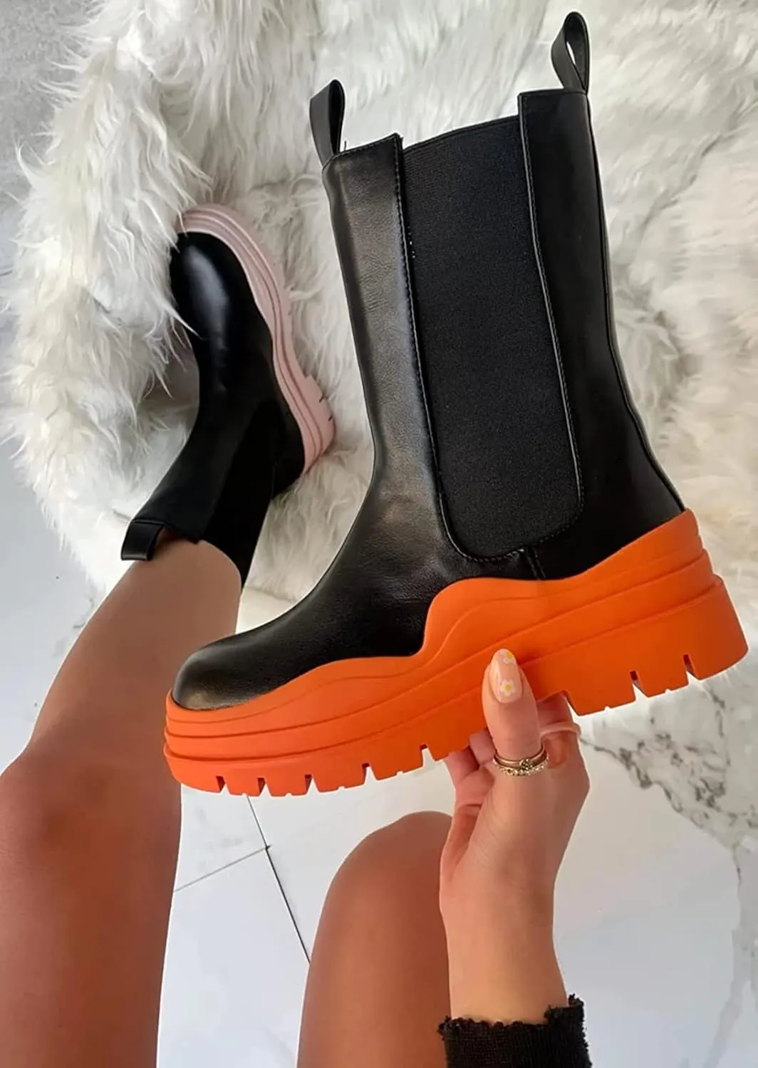 SANIOOOI Women Platform Chelsea Bootie,Fashion Mid Calf Boots Chunky Double Heel Round Toe Slip on Thick Sole