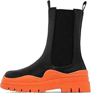 SANIOOOI Women Platform Chelsea Bootie,Fashion Mid Calf Boots Chunky Double Heel Round Toe Slip on Thick Sole