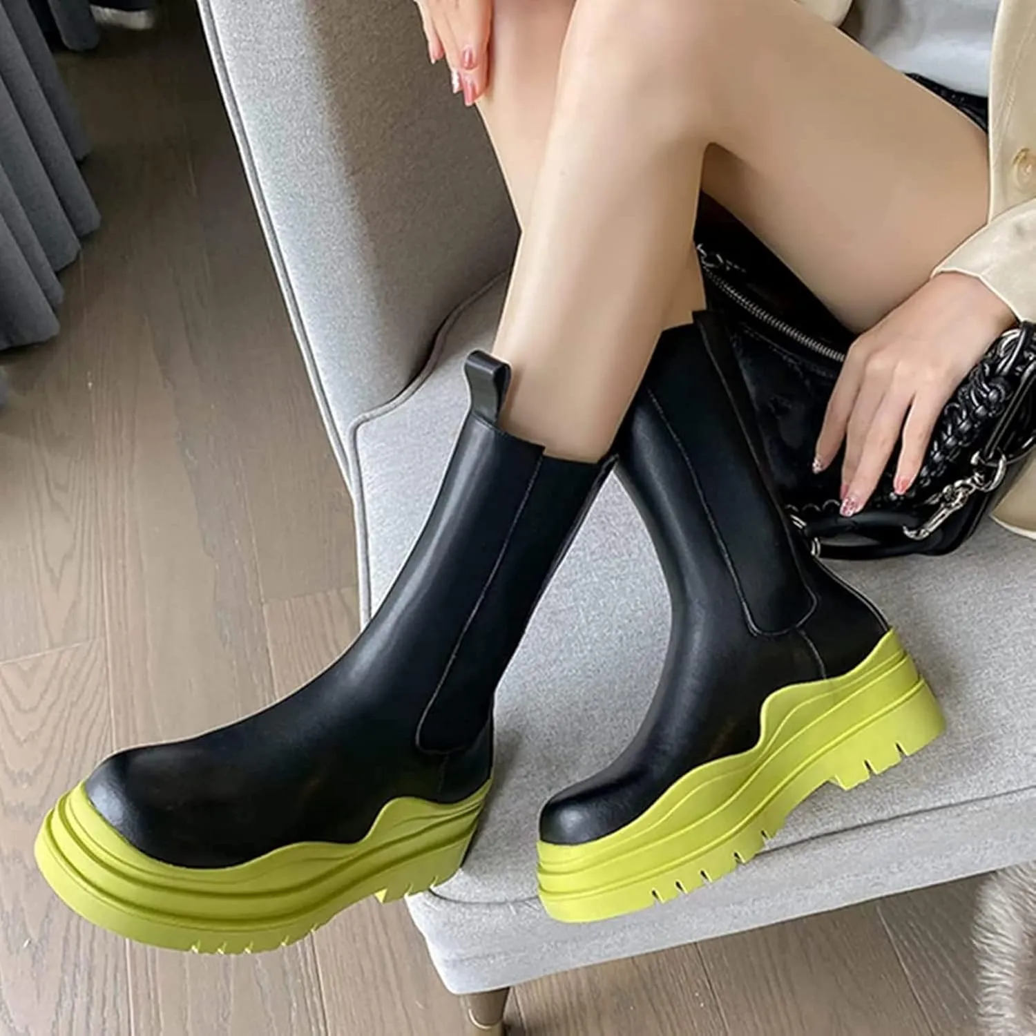 SANIOOOI Women Platform Chelsea Bootie,Fashion Mid Calf Boots Chunky Double Heel Round Toe Slip on Thick Sole