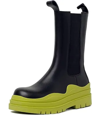 SANIOOOI Women Platform Chelsea Bootie,Fashion Mid Calf Boots Chunky Double Heel Round Toe Slip on Thick Sole