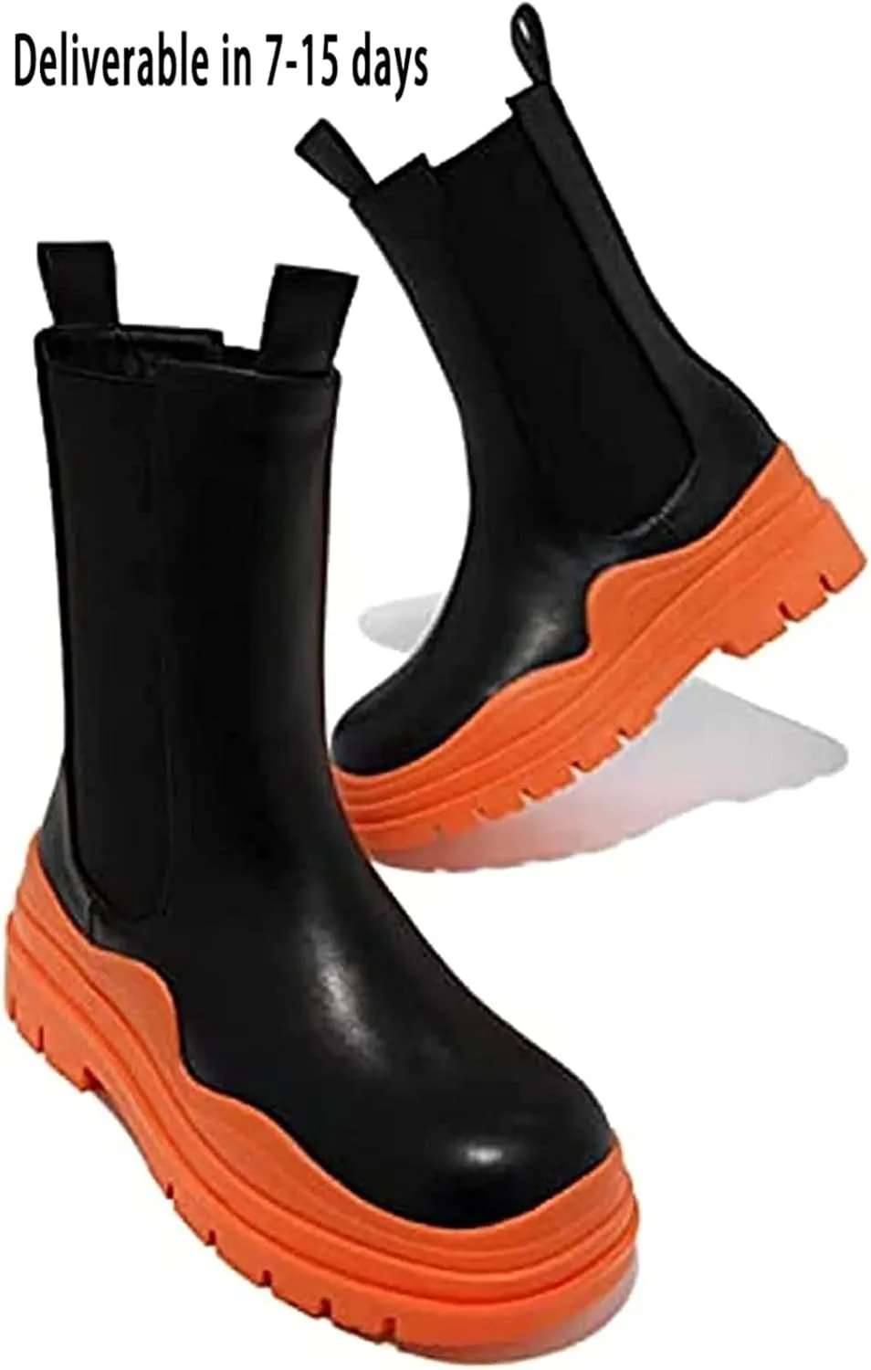 SANIOOOI Women Platform Chelsea Bootie,Fashion Mid Calf Boots Chunky Double Heel Round Toe Slip on Thick Sole