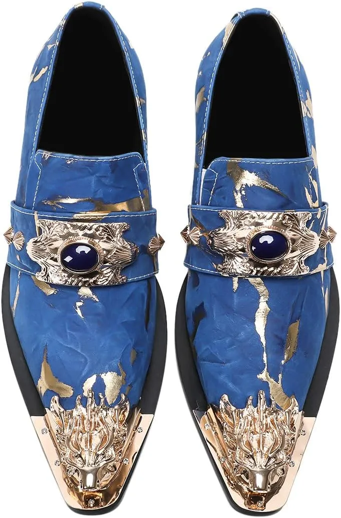 Santimon Men's Dress Shoes Suede Leather Multicolored Dragon Metal Tip Single Strap Gold Crystals Bead Wedding Formal Loafers