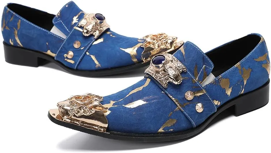Santimon Men's Dress Shoes Suede Leather Multicolored Dragon Metal Tip Single Strap Gold Crystals Bead Wedding Formal Loafers
