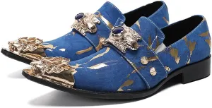 Santimon Men's Dress Shoes Suede Leather Multicolored Dragon Metal Tip Single Strap Gold Crystals Bead Wedding Formal Loafers