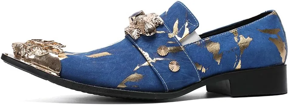 Santimon Men's Dress Shoes Suede Leather Multicolored Dragon Metal Tip Single Strap Gold Crystals Bead Wedding Formal Loafers