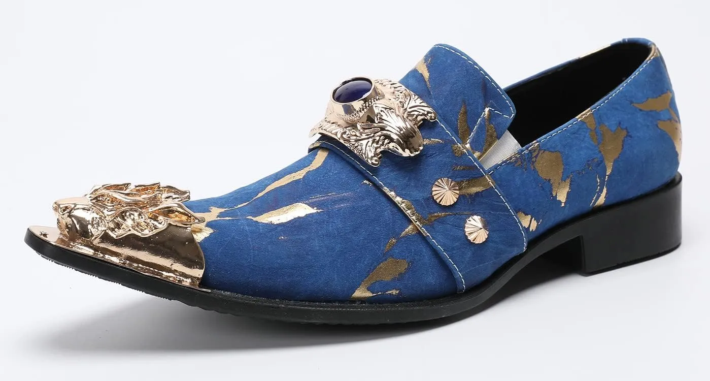 Santimon Men's Dress Shoes Suede Leather Multicolored Dragon Metal Tip Single Strap Gold Crystals Bead Wedding Formal Loafers