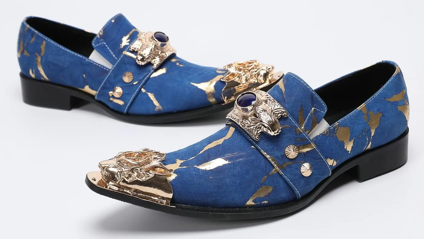 Santimon Men's Dress Shoes Suede Leather Multicolored Dragon Metal Tip Single Strap Gold Crystals Bead Wedding Formal Loafers