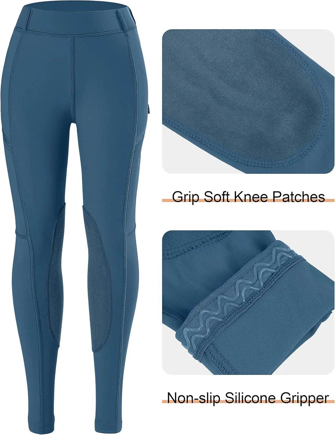 SANTINY Girls Horse Riding Pants with Zipper Pockets Kids Stretchy Equestrian Breeches Knee-Patch Youth Schooling Tights