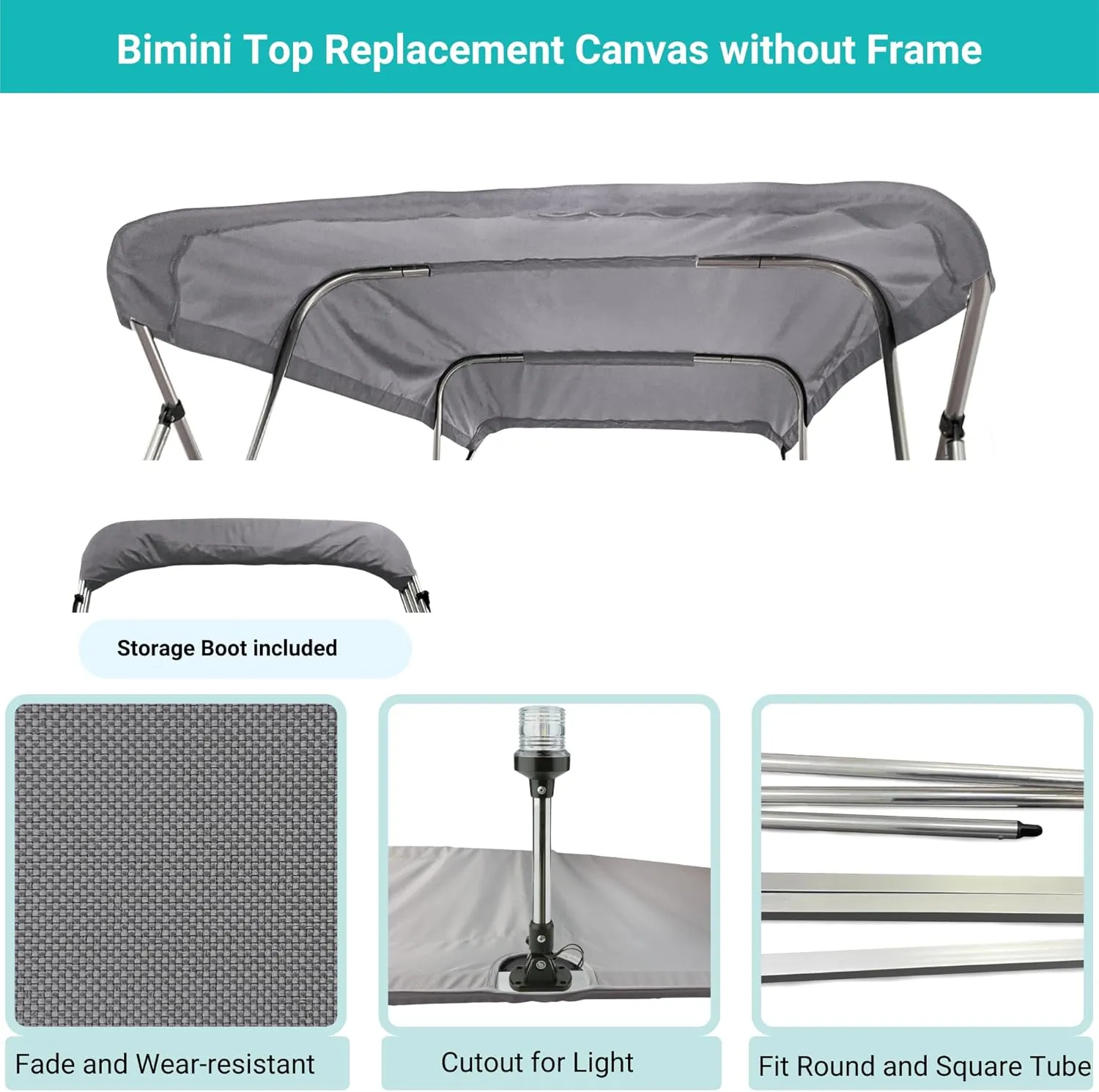 SavvyCraft 4 Bow Bimini Top Replacement Cover 9 Colors Options 8ft and 10ft Long, Durable Marine Grade Canvas Sun Shade Boat Canopy, Easy Install Zipper Sleeves, Replacement Canvas Only No Fram