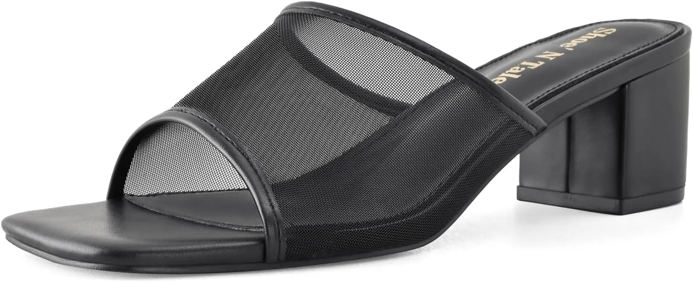Shoe'N Tale Heeled Sandals For Women Square Open Toe Heeled Mules Chunky Block Low Heel Slip On Slides