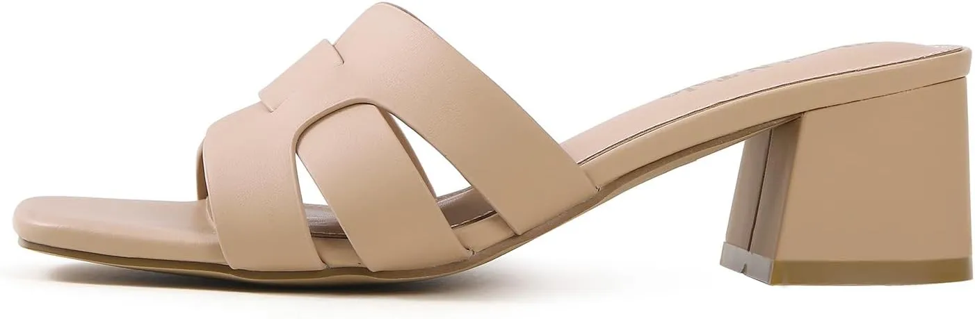 Shoe'N Tale Low Heels for Women Square Open Toe Mules Chunky Block Comfortable Slip On Dressy Sandals