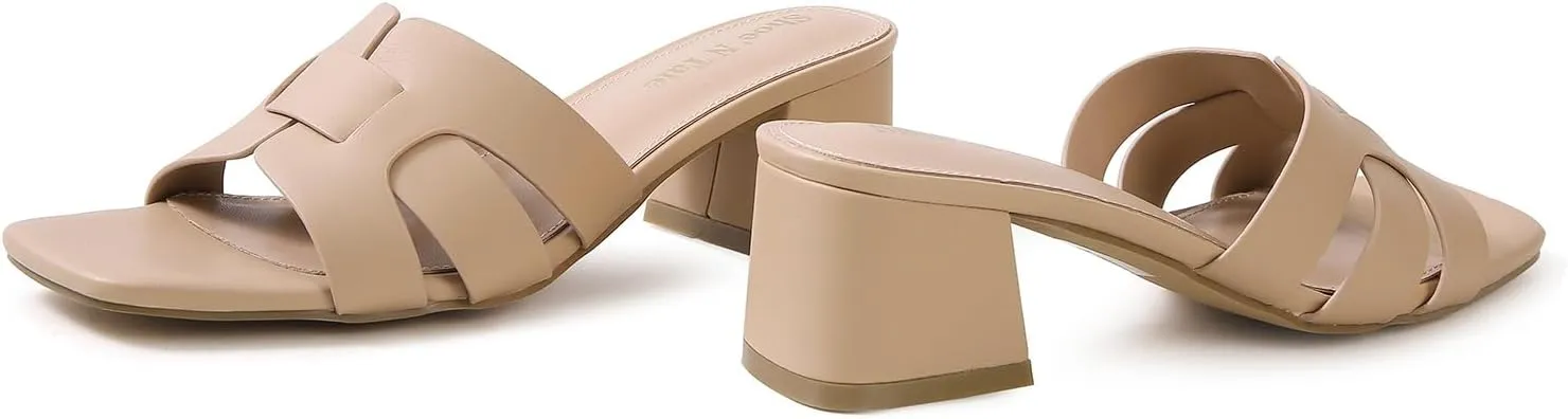 Shoe'N Tale Low Heels for Women Square Open Toe Mules Chunky Block Comfortable Slip On Dressy Sandals