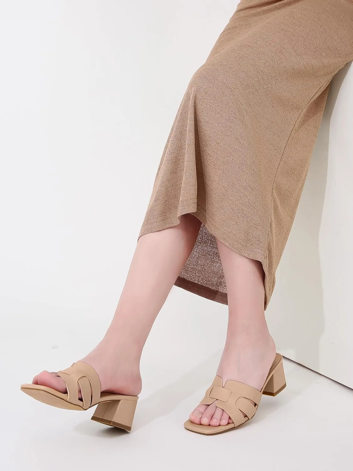 Shoe'N Tale Low Heels for Women Square Open Toe Mules Chunky Block Comfortable Slip On Dressy Sandals