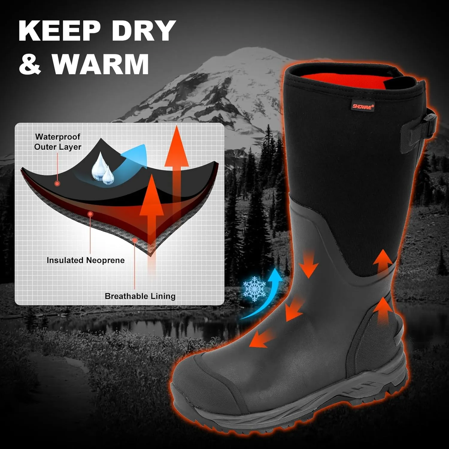 Showave Men's Rubber Hunting Boots, Waterproof Rain Boots Insulated Neoprene Mud Boot, Durable Arctic Outdoor Working Boot with Steel Shank
