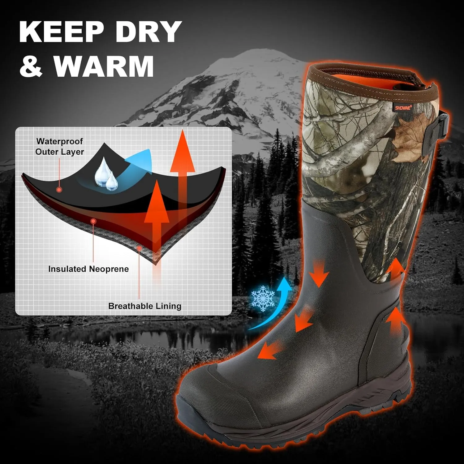 Showave Men's Rubber Hunting Boots, Waterproof Rain Boots Insulated Neoprene Mud Boot, Durable Arctic Outdoor Working Boot with Steel Shank