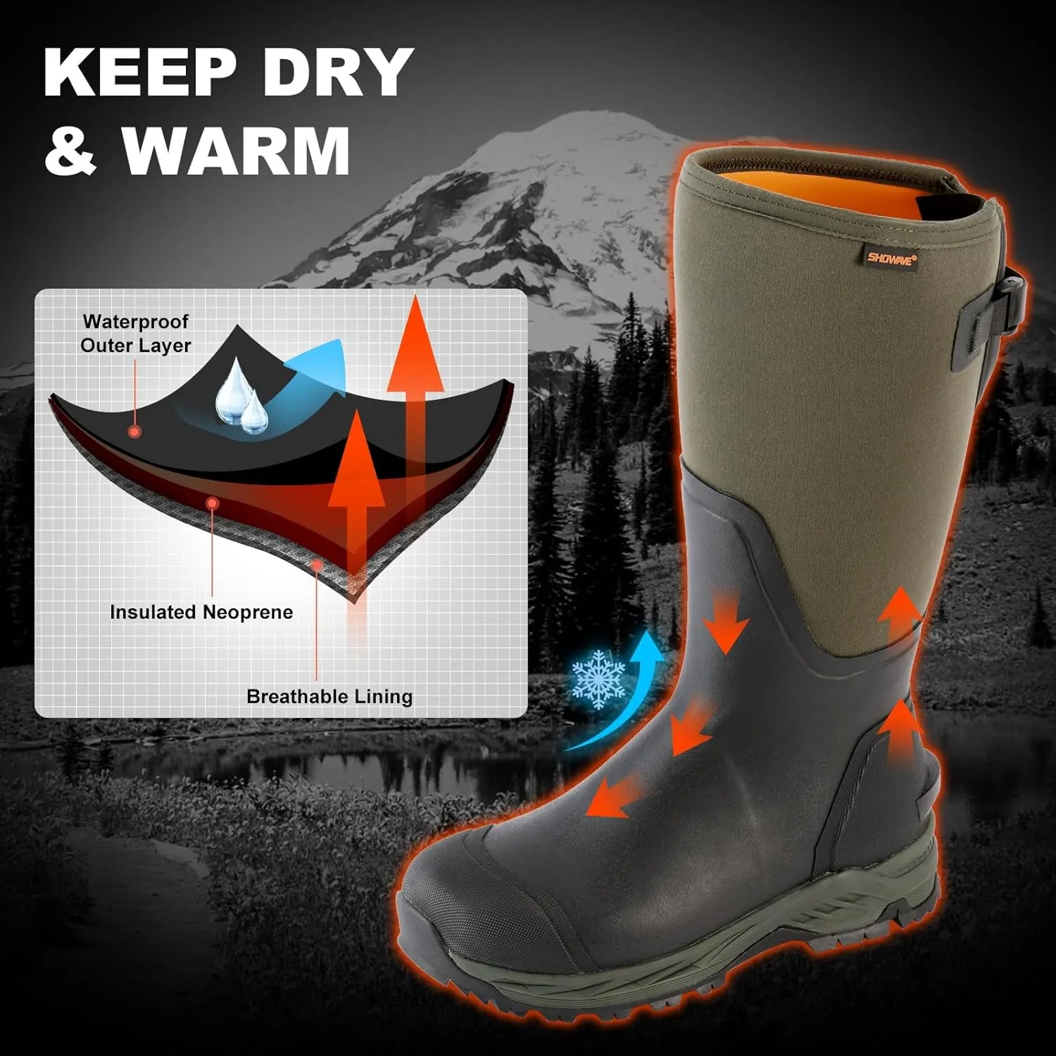 Showave Men's Rubber Hunting Boots, Waterproof Rain Boots Insulated Neoprene Mud Boot, Durable Arctic Outdoor Working Boot with Steel Shank
