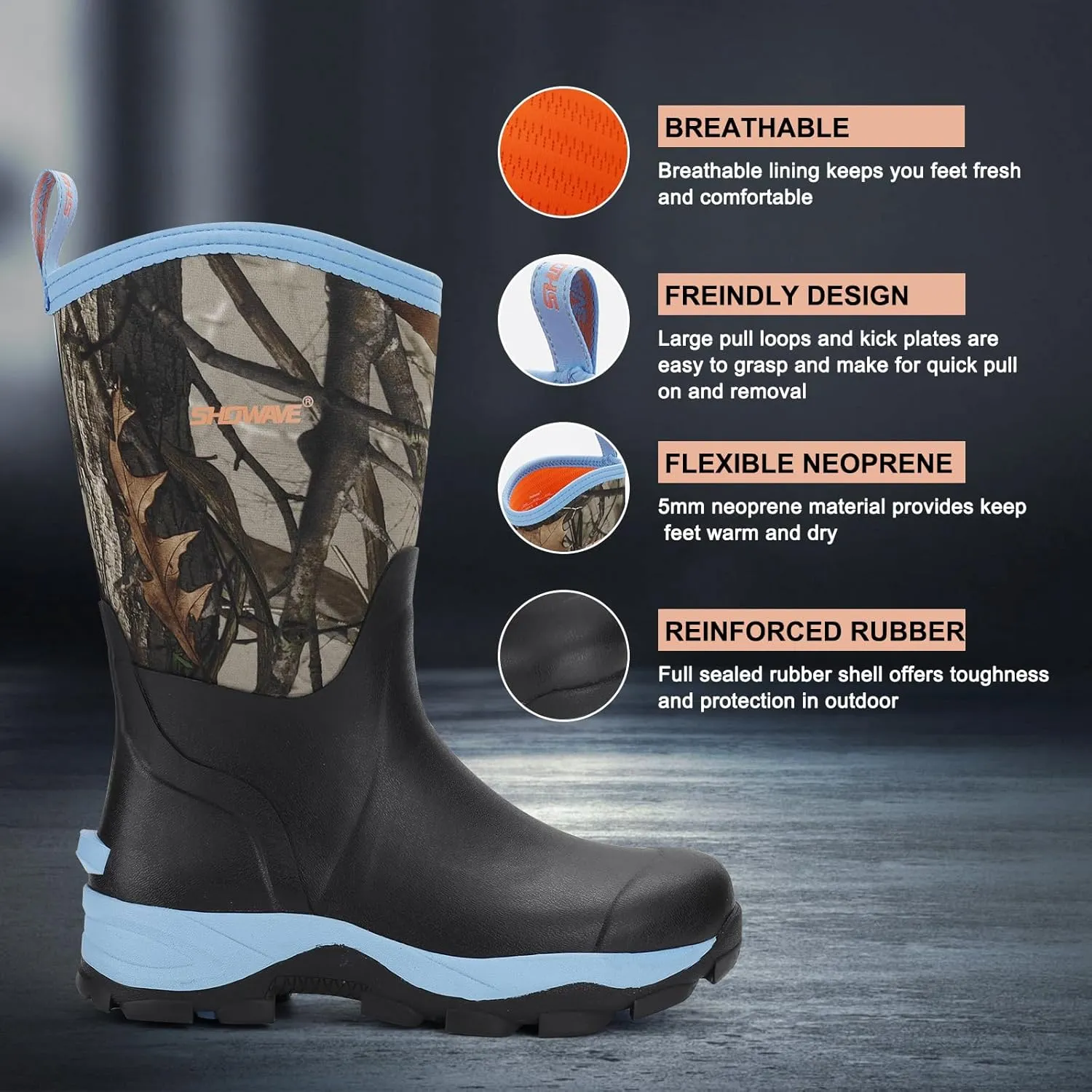 Showave Women's Rubber Hunting Boots Mid Calf Waterproof Rain Boot Insulated Mud Boots Durable Outdoor Working Boot for Fishing Garden Chore