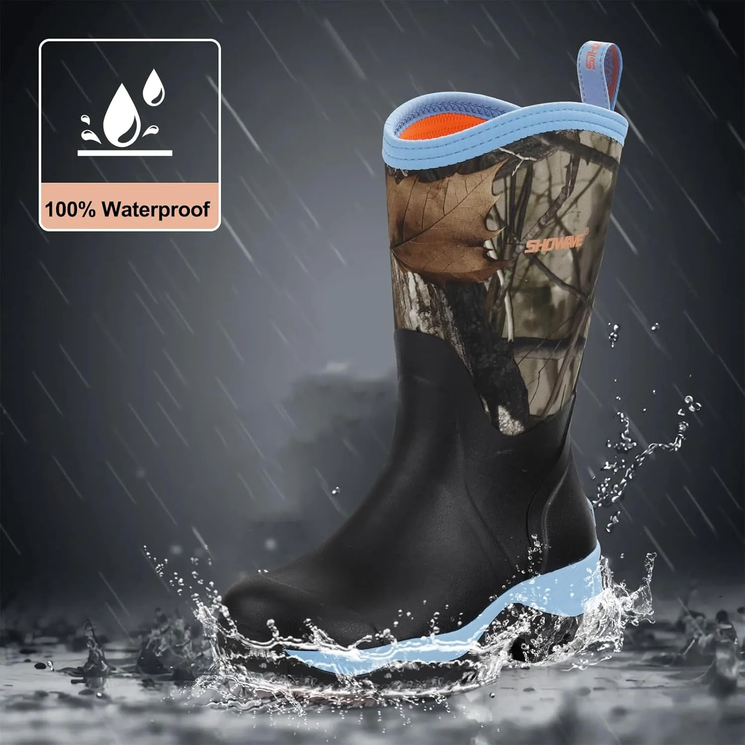 Showave Women's Rubber Hunting Boots Mid Calf Waterproof Rain Boot Insulated Mud Boots Durable Outdoor Working Boot for Fishing Garden Chore