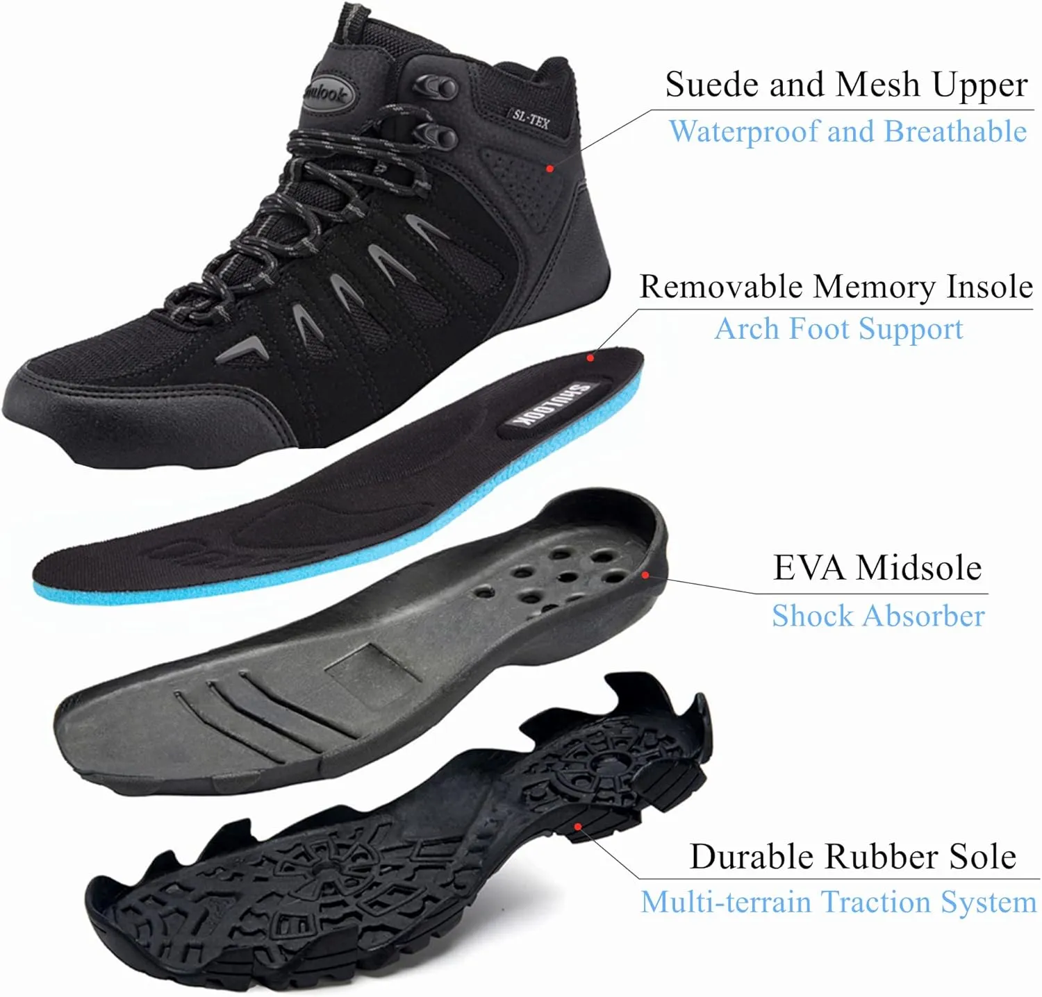SHULOOK Men's Waterproof Hiking Boots Non-Slip Lightweight Outdoor Mid Top Ankle Boot Breathable Work Trekking Shoes