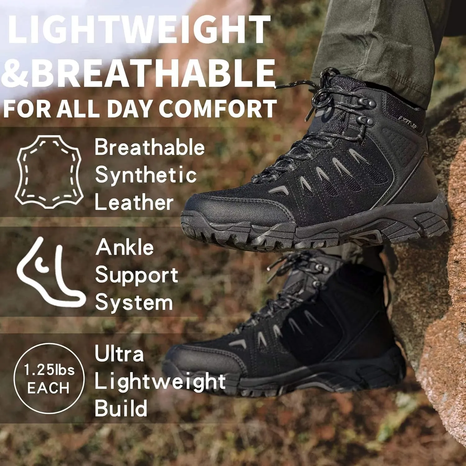 SHULOOK Men's Waterproof Hiking Boots Non-Slip Lightweight Outdoor Mid Top Ankle Boot Breathable Work Trekking Shoes