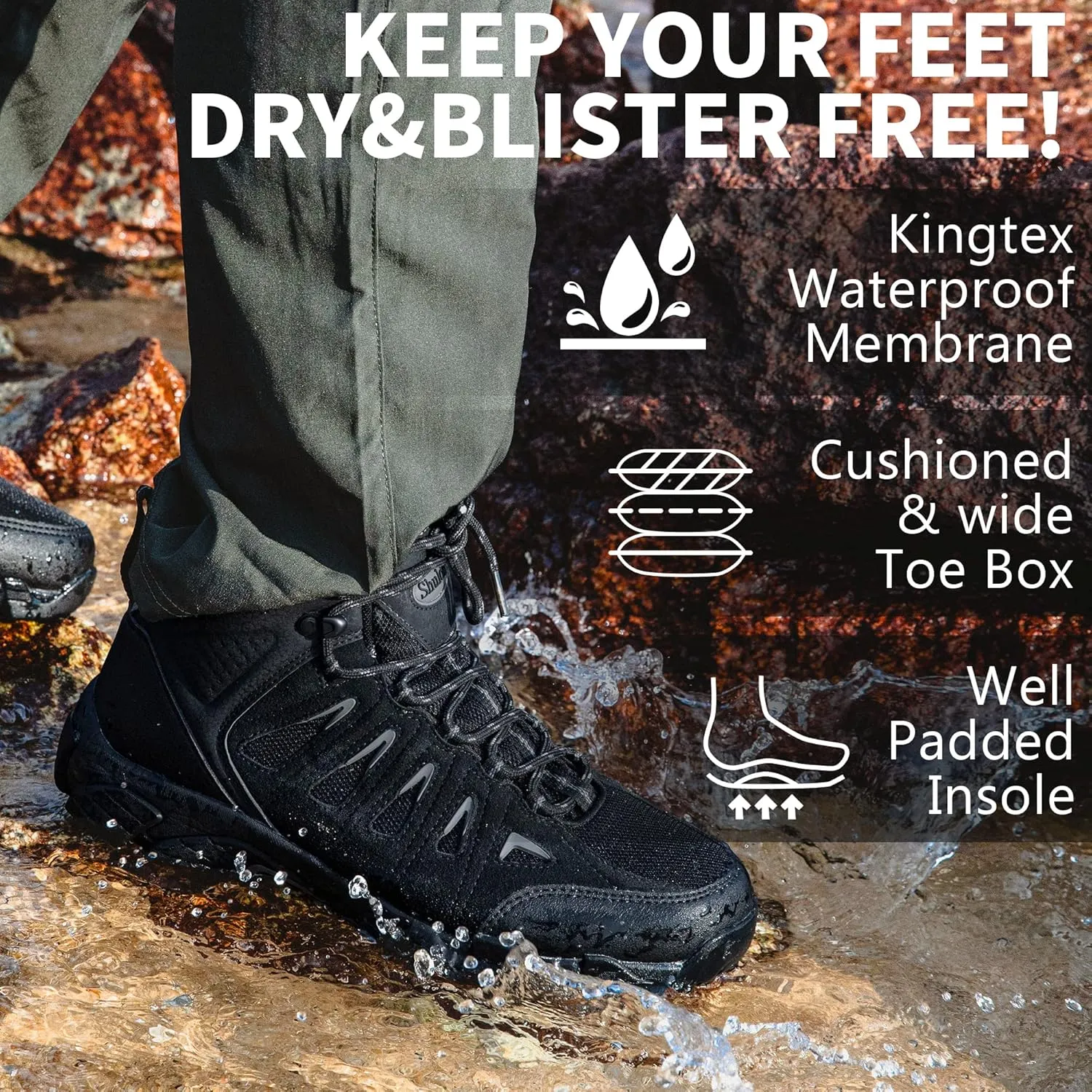 SHULOOK Men's Waterproof Hiking Boots Non-Slip Lightweight Outdoor Mid Top Ankle Boot Breathable Work Trekking Shoes